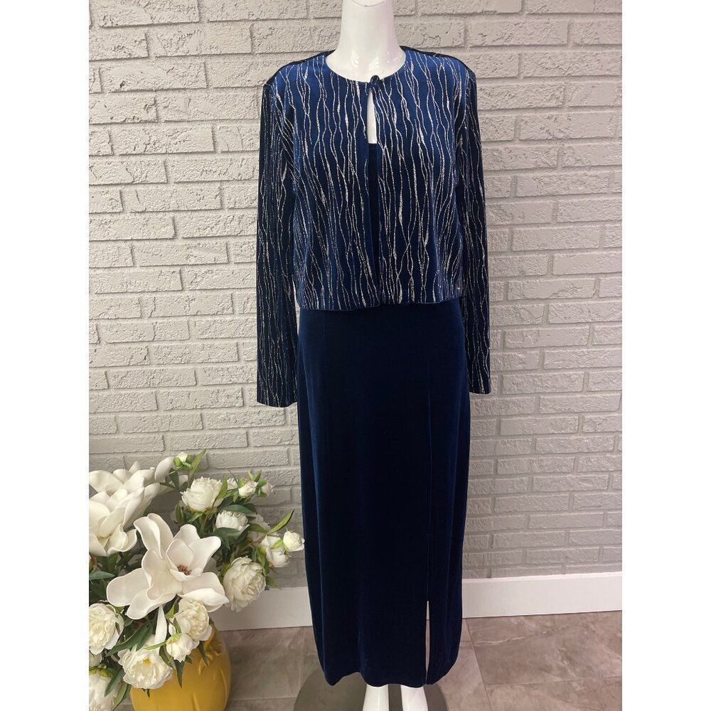 Studio One Blue & Silver Women Maxi Dress with Crop Jacket 2 Pcs Set Size 12